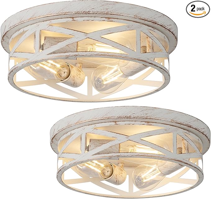 2 Pack Close to Ceiling Light Fixtures, 3-Lights Cage Flush Mount Ceiling Light, 13 Inch White and Gold Semi Flush Mount Ceiling Light for House Bedroom Laundry Hallway Kitchen