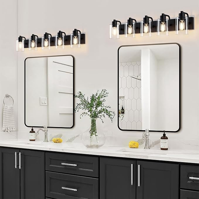 Dpyrrhic Matte Black Bathroom Light Fixtures,5-Light Bathroom Lights Over Mirror with Clear Glass Shade,Wall Sconces for Bathroom, Bedroom, Hallway
