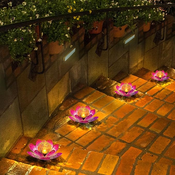 2 Pack Solar Garden Decor Lights Outdoor, Decorative Lotus Flower Solar Lights with Crackle Glass Globe, Waterproof Metal Solar Lights for Patio Yard Lawn Walkway Garden Decor