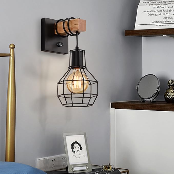Set of 2 Industrial Wall Sconces with Dimmer ON/Off Switch, Farmhouse Wall Mount Light with Metal Cage Shade, Black Wall Lights Indoor for Kitchen Living Room