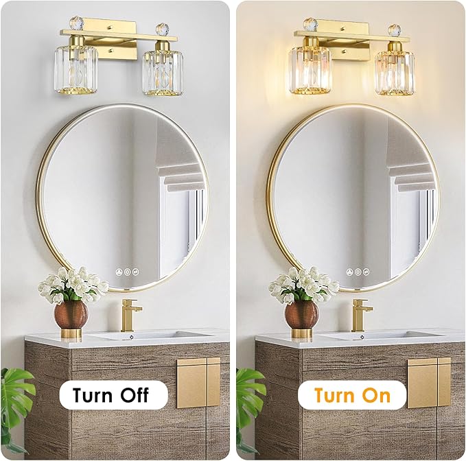 2-Light Gold Bathroom Light Fixtures,Modern Bathroom Vanity Lights Fixture with Clear Crystal Glass Shade,Brushed Gold Bath Wall Mount Lights, Light Fixtures for Mirror Bedroom Living Room