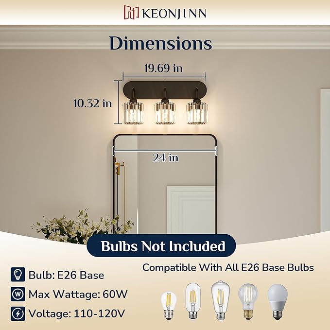 Keonjinn 3-Light Bathroom Light Fixtures, Crystal Black Bathroom Vanity Lights Over Mirror, Vanity Lighting Fixtures with Crystal Square Shades for Mirror, Modern Decor (E26 Base, Exclude Bulb)
