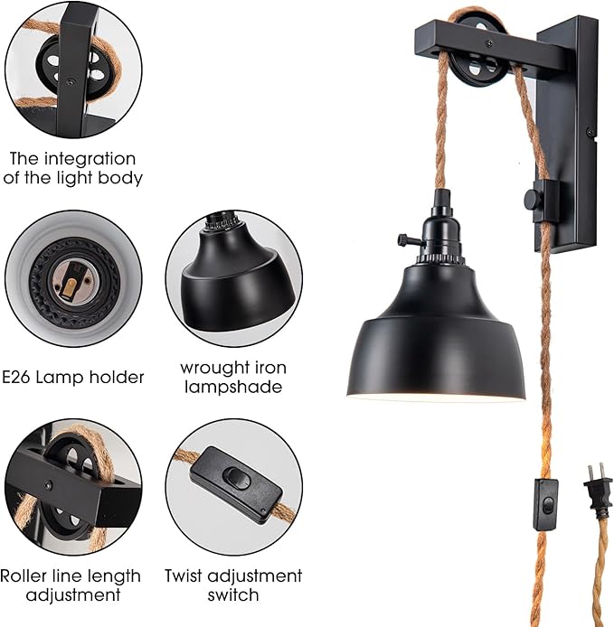 8FT Plug in Wall Sconces Pulley Wall Lamps Vintage Hanging Light Fixture Wall Lights with Plug in Cord On/Off Switch Set of Two Black Wall Lamp for Bedroom, Living Room and Hotel