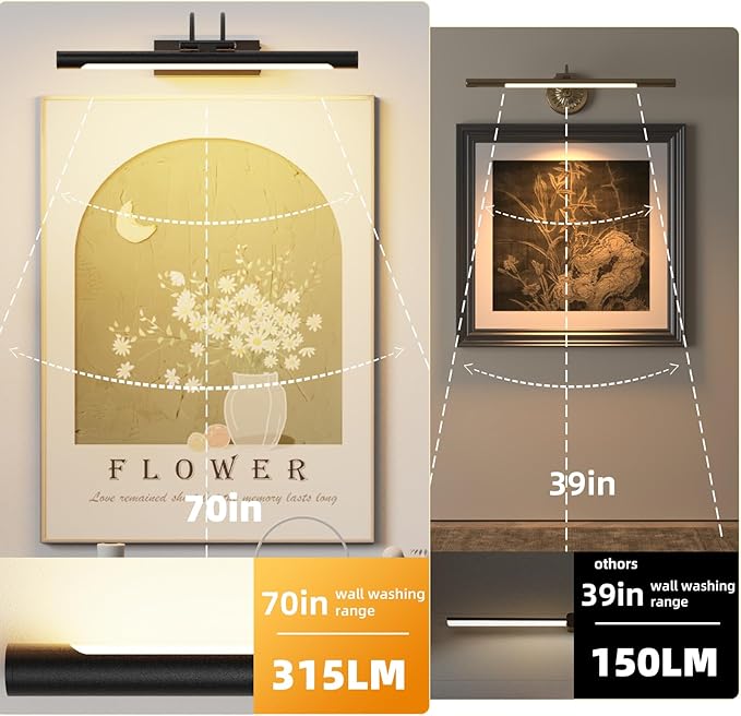 Picture Light,Wireless Rechargeable Gallery Light with Remote,5000mAh Dimmable Painting Art Lighting Battery Operated,16 inch Metal Picture Lights for Art,Paintings,Mirror,Black