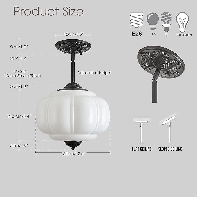 Milk Glass Ceiling Light Fixture, 12" Vintage Scallop Semi Flush Mount Pendant Light, Schoolhouse Light Fixture - Antique Chandelier for Kitchen, Hallway, Dining Room, White/Black