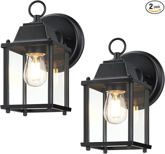 LIT-PaTH Outdoor Wall Lantern, Wall Sconce as Porch Lighting Fixture, E26 Base, Aluminum Housing Plus Glass, Water-Proof and Outdoor Rated, ETL Qualified, 2-Pack, Black