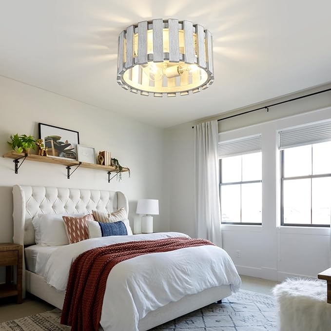 Farmhouse Flush Mount Ceiling Light, 12.2 Inch 3-Light Metal and Wood Close to Ceiling Light Fixture, White Hallway Light Fixtures Ceiling, Rustic Drum Ceiling Light for Kitchen, Entryway, Hallway
