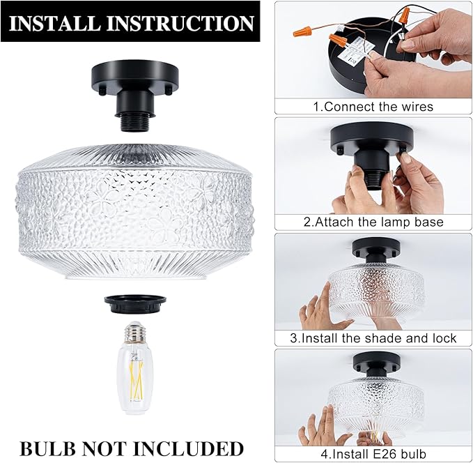 Semi Flush Mount Ceiling Light, 9 Inch Modern Small Ceiling Light Fixture with Thickened Glass & Stone Floral Pattern, Black Metal Base for Hallway Kitchen Bedroom Hotel Cafe