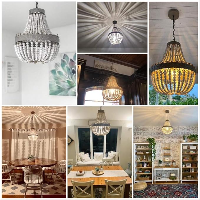 Newrays Wood Bead Chandelier Pendant Bohemian Boho Beachy Ceiling Lamp Light Fixtures (Gray White-Small, 13.58 in*15.74 in)