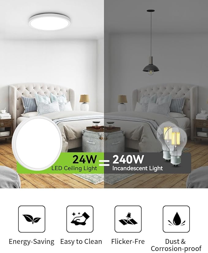 Flush Mount 12 Inch LED Ceiling Light Fixture, 24W Super Slim Ceiling Lamp with Remote, 2400LM Dimmable Brightness, 2700K-6500K Adjustable Color Temperature, for Bedroom Living Room Kitchen Office