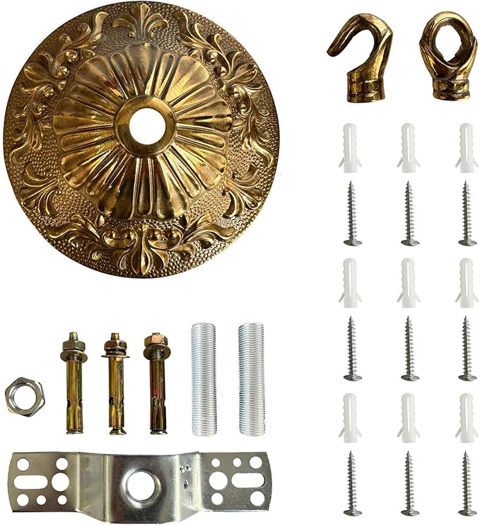 5.51 Inches Diameter Brass Light Canopy Kit with Hooks, Heavy Duty Replacement Ceiling Light Cover Plate, Antique Chandelier Replacement Parts with Mounting Hardware (Brass, A-01)