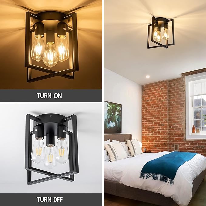 3-Lights Black Ceiling Light, Farmhouse Industrial Matte Kitchen Lighting Fixtures Ceiling for Hallway, Bedroom, Bathroom, Entryway(No E26 Bulbs)