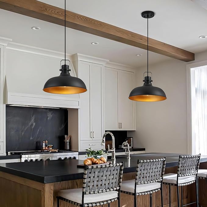 Black Farmhouse Pendant Lights 16 Inch Matte Pendant Lighting for Kitchen Island Industrial Adjustable Height Vintage Dome Hanging Light Fixtures for Barn, Dining Room 2 Packs
