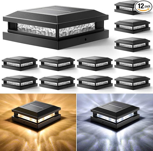 Solar Post Cap Lights 12 Pack, Upgraded Outdoor Fence Post Lights for 4x4 4.5x4.5 5x5 Vinyl/Wood Posts, Black Deck Posts Cap Light Solar Powered with Warm White/Cool White for Garden Patio Porch