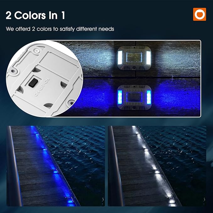 addlon Solar Dock Lights Marine 12 Pack, 2CCT Outdoor Driveway Marker Deck Lights, IP67 Waterproof, Solar Powered Deck Light for Pathway Warning Step Sidewalk Patio, Blue Light & Cool White, FCC