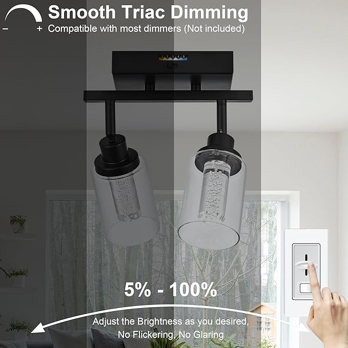 MELUCEE 2 Lights LED Tracking Light Ceiling Kitchen Ceiling Light Fixtures Rotatable Spotlight Black Bathroom Vanity Lights Wall Mounted Lamp with Clear Glass, Built-in LED Chips, 5-Color Temperature