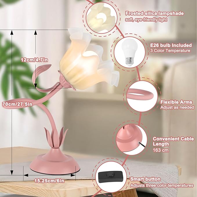 Flower Desk Lamp, LED Reading Light Flower Table Lamp, 3 Colors Flower Lamp for Girls Bedroom, Adjustable Flexible Nightstand Lamps, Bedside Table Lamp for Bedroom, Living Room, Home Decor (Pink)