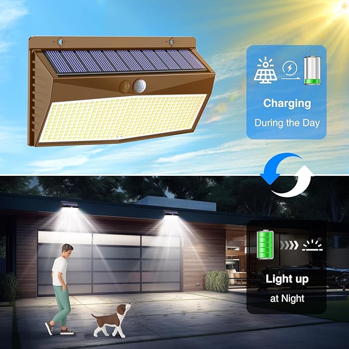 368 LED Solar Lights Outdoor Motion Sensor, Solar Fence Light with 3 Lighting Modes, Solar Powered Security Lights Waterproof for Outside Yard Wall Garden Backyard，Brown