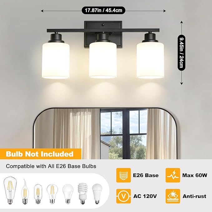 Unicozin 3-Light Bathroom Light Fixtures, Modern Black Vanity Light Over Mirror, Wall Sconces with Milky White Glass Shades for Living Room Bedroom Hallway E26 Base