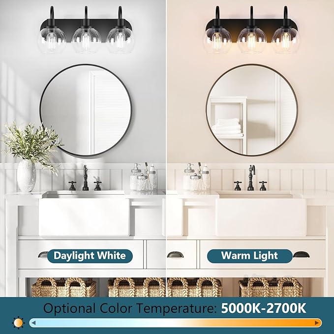 Dpyrrhic Bathroom Vanity Light,Modern 3-Light Bathroom Lighting Fixtures Over Mirror with Clear Glass Shade and Metal Base,Matte Black Bathroom Lighting