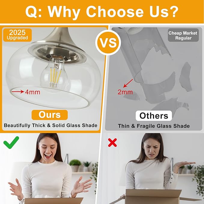 Modern Pendant Lights for Kitchen Island, Brushed Nickel Pendant Light Fixtures with 8.5" Clear Glass Shade, Industrial Hanging Pendant Lights Fixture for Kitchen Island Dining Room Entryway 1 Pack