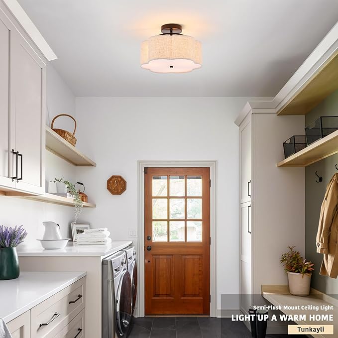 13.78" Semi Flush Mount Ceiling Light Modern 3-Lights Black Drum Ceiling Light Fixture with Fabric Linen Shade, Vintage Modern Ceiling Lighting for Laundry Room, Kitchen, Basement, Bedroom