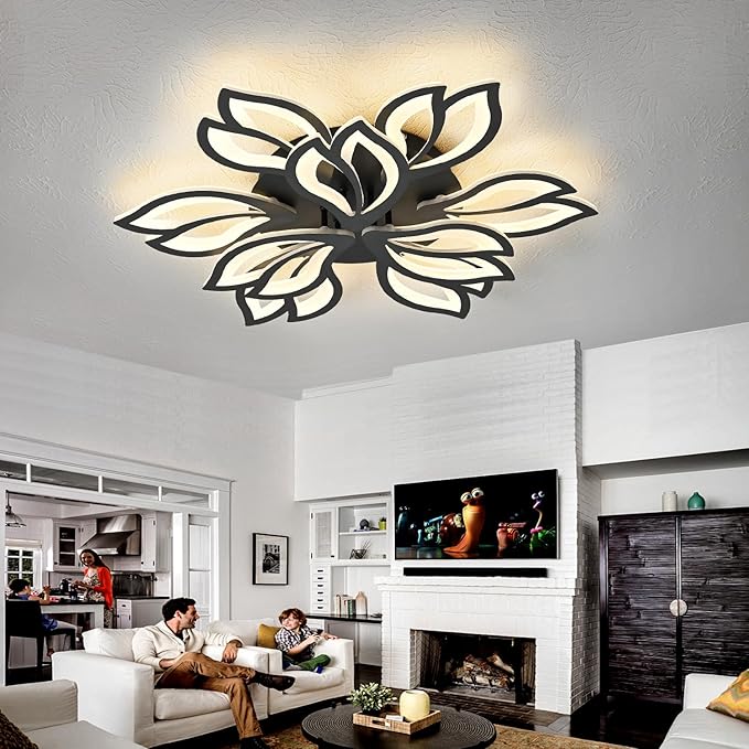 HuixuTe 28" Black Modern Flower Dimmable Ceiling Light Fixture, 9 Leaves Low Profile Flush Mount Ceiling Light for Living Room Dining Room Bedroom