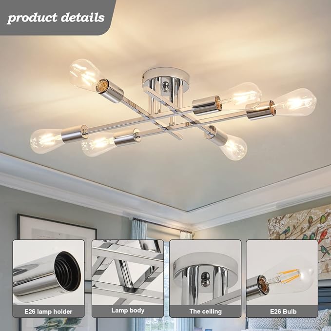 ZGLAOJT 6-Lights Semi Flush Mount Ceiling Light Fixture，Chrome Industrial Chandelier，Farmhouse Lighting for Dining Room Living Room Kitchen Bedroom