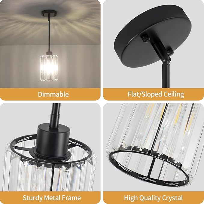 Black Pendant Light, Modern Crystal Pendant Lights Kitchen Island Lighting, Hanging Light Fixtures Mini Chandelier Pendant Lights for Island Dining Room Hallway Bedroom