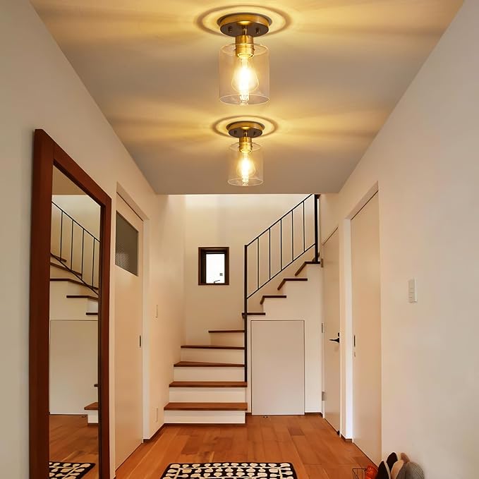 YYT Brushed Nickel Semi Flush Mount Ceiling Light, Small Hallway Light Fixture Ceiling, 1-Light Over Sink Lighting Fixtures Kitchen, Cieling Lights with Clear Glass Shade for Entryway Bedroom 1 Pack