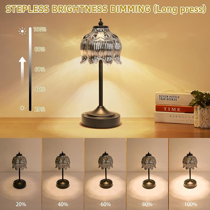 Cordless Lotus Flower Table Lamp, 5200mAh Rechargeable Battery Operated Portable Lamp, 3-Color Dimmable Touch Control Small Desk Lamp for Bedroom, Office, Kitchen, Nightstand,Room Decor(Black)
