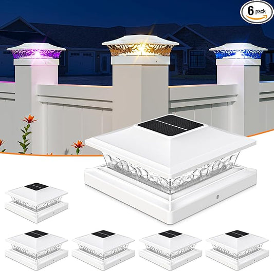 APONUO Solar Post Cap Lights with 8 RGB Solid Colors & Multicolor Flow - 6 Pack Fence Post Solar Lights, IP65 Waterproof - Fits 4x4 5x5 6x6 Wood & Vinyl Posts - White