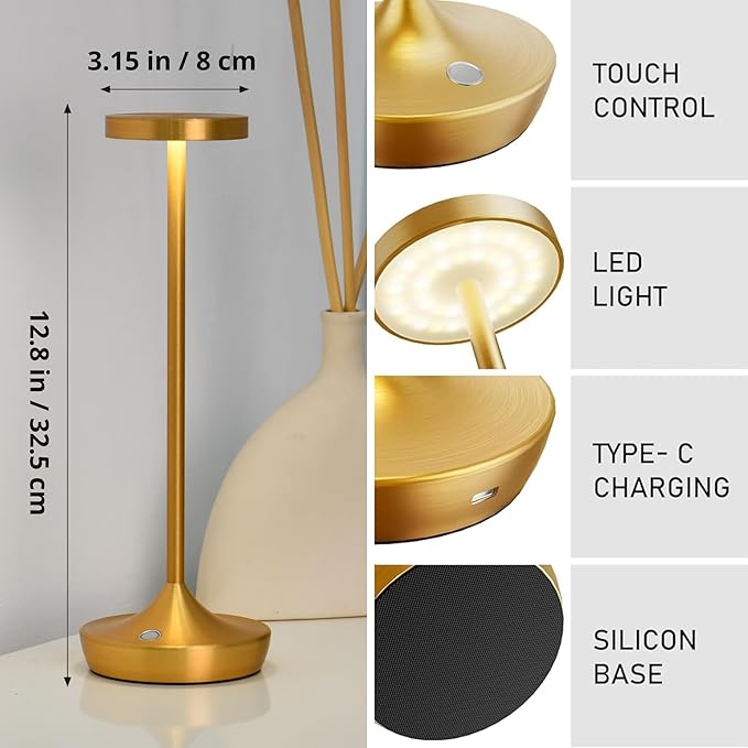 Gold Cordless Table Lamp, Rechargeable 6000mAh Battery LED Desk Lamp, Portable Metal Touch Lamp with 3-Level Dimming, Waterproof Light for Restaurant, Dining Table, Patio & Home Decor(Gold)