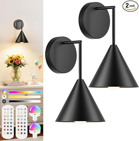 MATAMEYE Rechargeable Wall Sconce Set of 2, Black Wireless Battery Operated Wall Lamp with Remote, Dimmable & Timer, Modern Industrial Indoor Light Fixture, Bulb Included