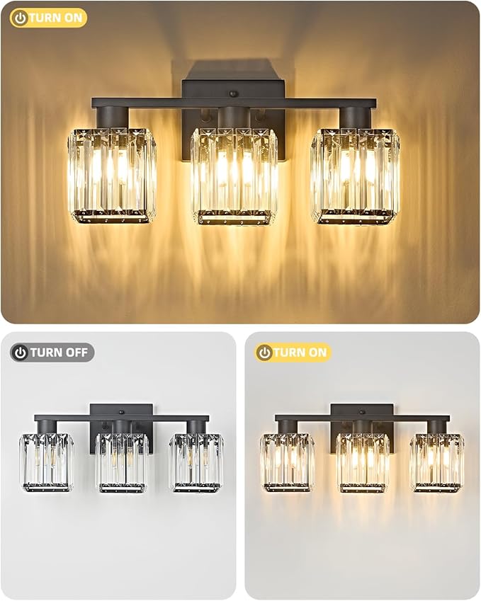 OKELI 3-Light Bathroom Light Fixtures, Modern Black Crystal Wall Light for Bathroom,Lighting Fixtures Over Mirror