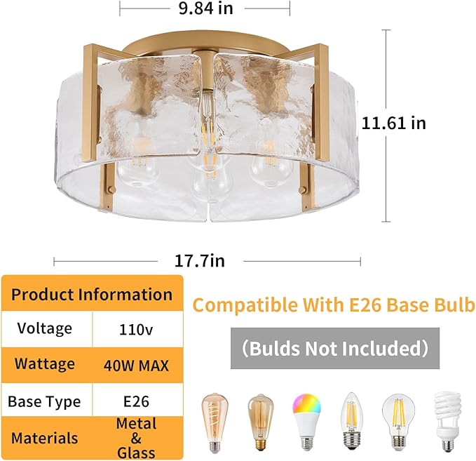 Gold Semi Flush Mount Ceiling Light Fixture, 17.7-Inch Farmhouse Modern Flush Mount Light Glass Drum Lights Foyer Lighting Fixtures for Kitchen Entryway Hallway Bathroom Bedroom Laundry Room