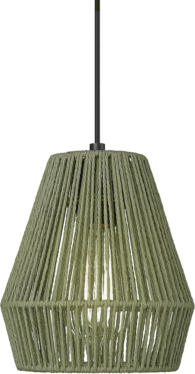 ELYONA Woven Pendant Lights, 7” Rustic Rattan Hanging Lamp Adjustable Handwoven Basket Shade, Boho Pendant Light Fixtures for Kitchen Island, Dining Room, Bedroom, Farmhouse Bar, Foyer Hallway, Green