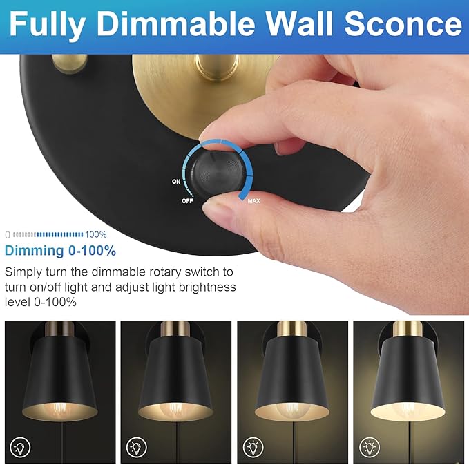 VATONI Wall Sconce Plug in, Dimmable Wall Sconces Adjustable Wall Lights with Plug in Cord and Dimmer On/Off Rotary Switch, Wall Mounted Light for Bedside Bedroom LivingRoom(2 Bulbs Included)