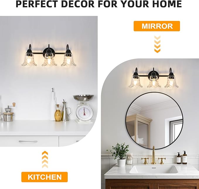 Bathroom Light Fixtures over Mirror, 3 Lights Vintage Wall Sconces with Hammered Glass Shade, 19.3" Matte Black Farmhouse Bathroom Wall Light Fixtures for Bedroom, Porch, Hotel, Mirror Cabinet