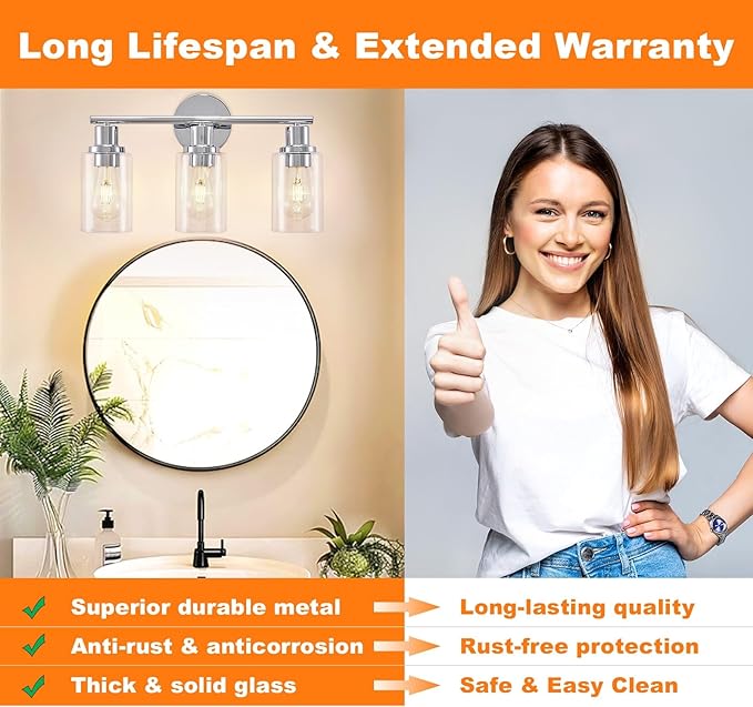 DLLT 3-Light Bathroom Light Fixtures: Chrome Modern Vanity Lights with Clear Glass Shade - Bathroom Wall Lamp for Mirror Kitchen Living Room - 2 Packs