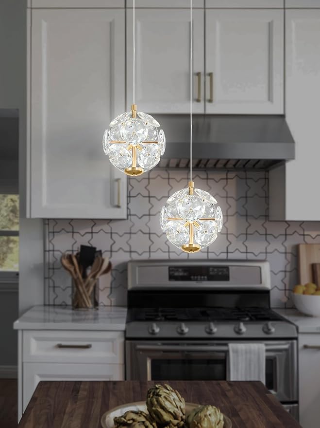 ykolupty Pendant Lights Kitchen Island Crystal Globe Chandelier LED Gold Island Light Crystal Pendant Light for Dining Foyer Entrance