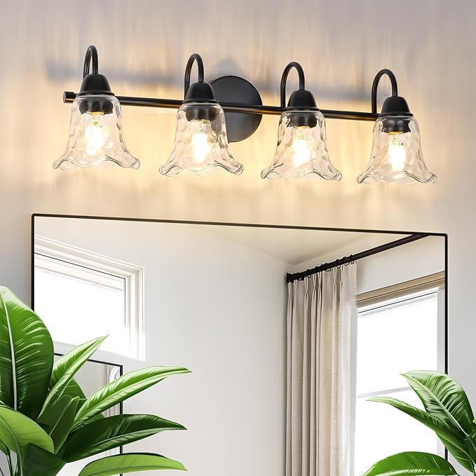 Bathroom Light Fixtures over Mirror, 4 Lights Vintage Wall Sconces with Hammered Glass Shade, 26.8" Matte Black Farmhouse Bathroom Wall Light Fixtures for Bedroom, Porch, Hotel, Mirror Cabinet