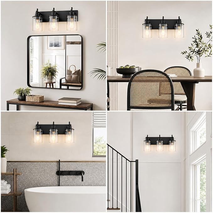Lanhall 3-Light Black Bathroom Light Fixture Over Mirror Modern Farmhouse Bathroom Vanity Light Vintage Wall Lighting with Clear Glass Shade for Bathroom, Bedroom, Hallway, Cabinet