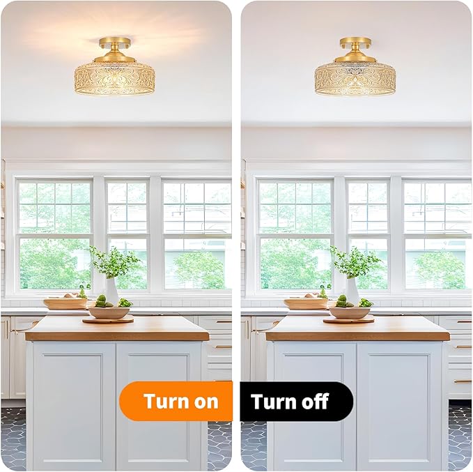 Gold Semi Flush Mount Ceiling Light, 3-Light Close to Ceiling Light with Amber Glass, Vintage Hallway Lights, Brass Closet Light Fixture, Kitchen Flush Ceiling Mount for Entryway Bedroom Bathroom,E12