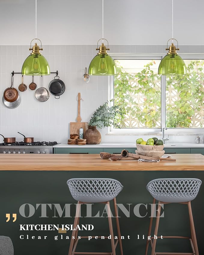Glass Pendant Lights Kitchen Island, 7.5 inch Green Glass Pendant Lights, Vintage Pendant Lighting 1-Pack,Farmhouse Kitchen Island Lights for Kitchen, Bedroom, Living Room, Bathroom