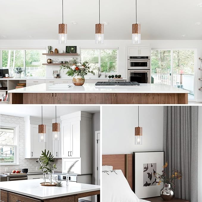 2-Pack Modern Pendant Lights for Kitchen Island, Adjustable Pendant Light Fixtures with Brown Wood Grain, Industrial Clear Glass Pendant Lights for Dining Table Hallway Bedroom Living Room