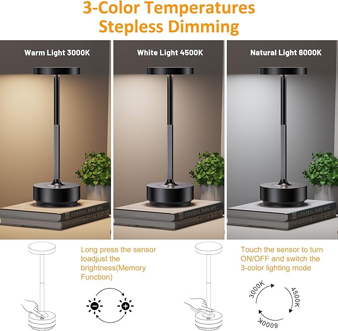 SAKRINGT 2 Pack Rechargeable Cordless Table Lamp - Battery Operated LED Portable Table Light with 3 Color Stepless Dimming, Memory Function - IP54 Waterproof for Outdoor, Restaurant, Patio, Camping
