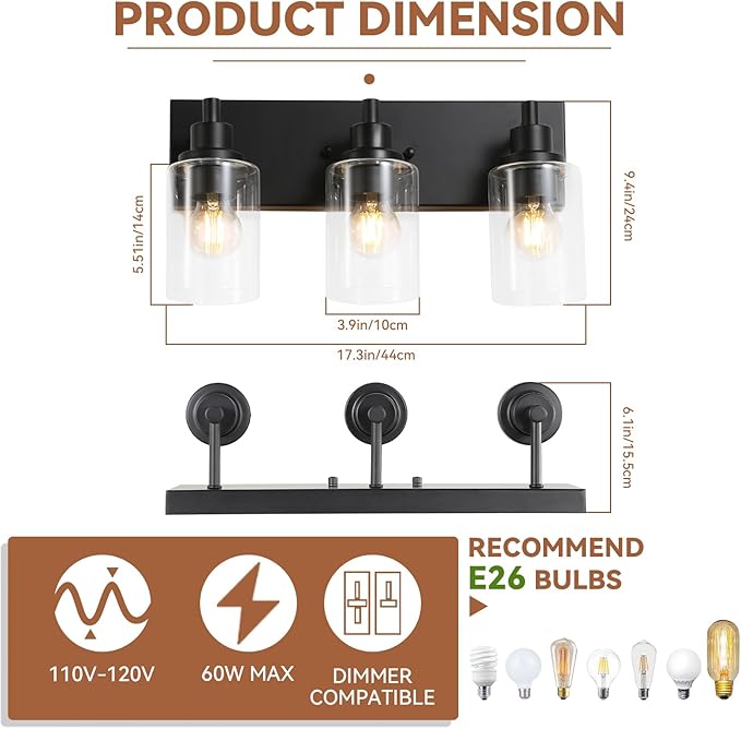 LOUSACE 3 Light Bathroom Vanity Light, Matte Black Bathroom Light Fixtures Over Mirror, Modern Bathroom Lighting with Clear Glass Shade, Black Farmhouse Wall Sconces Lighting Fixture for Bedroom