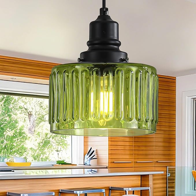 Green Pendant Lights Kitchen Island, Vintage Pendant Light Fixtures with 7" Clear Glass Shade, Farmhouse Hanging Lights for Kitchen, Bathroom, Bedroom, Dining Room, 2 Pack