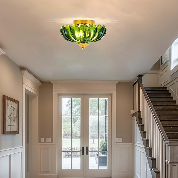 Semi Flush Mount Ceiling Light,Vintage Ceiling Light 9.8 Inch Small Green Glass Ceiling Lighting E26 Hallway Vintage Lights Fixture Ceiling for Living Room, Bedroom, Dining Room